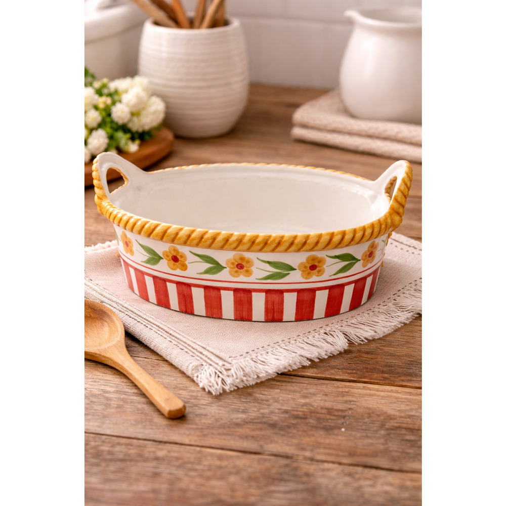 Temp-tations Floral Embroidery 13x9 Oval Baker Dish Rope Handle EUC